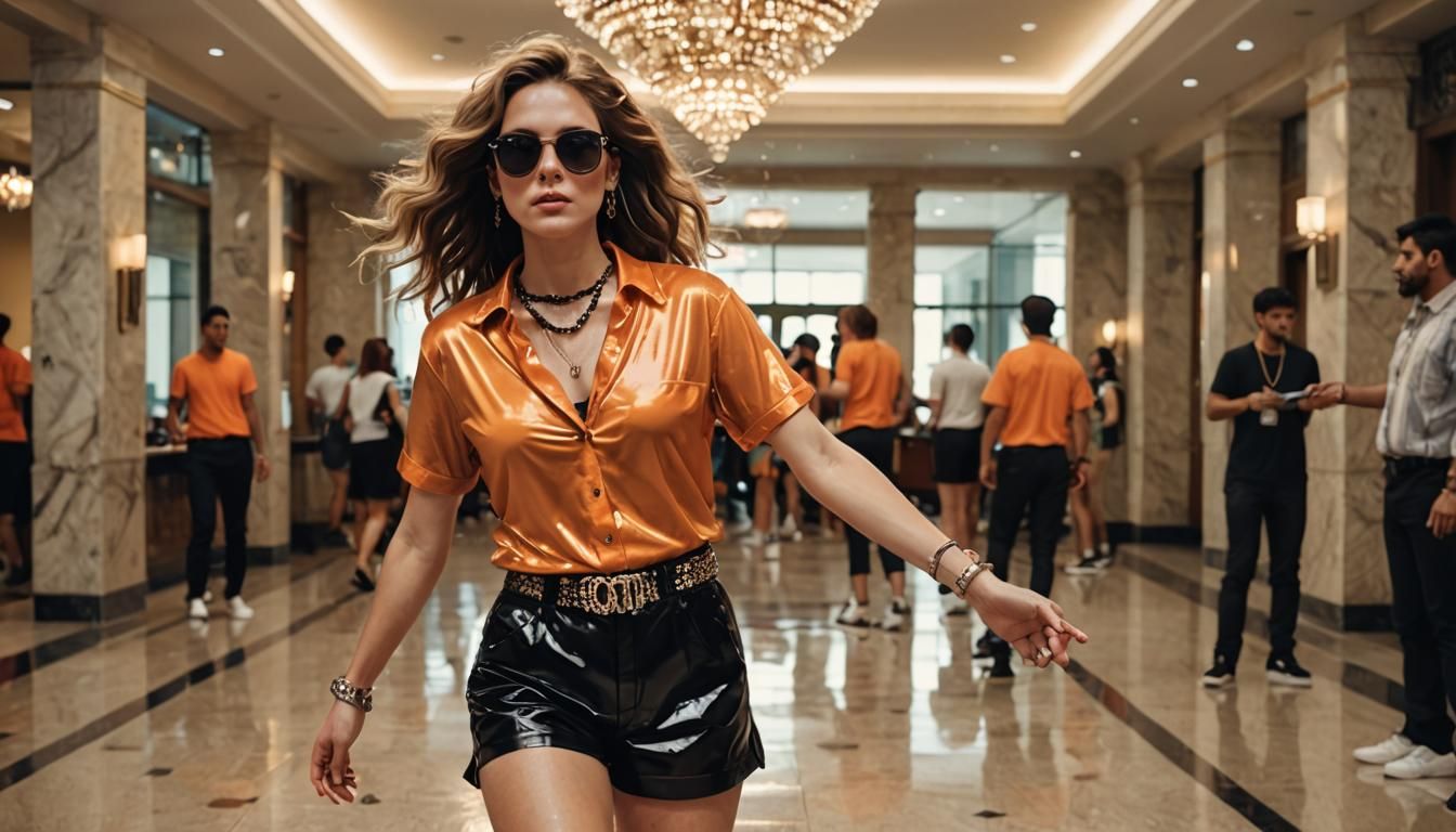 Stylish Woman in Orange and Black Outfit