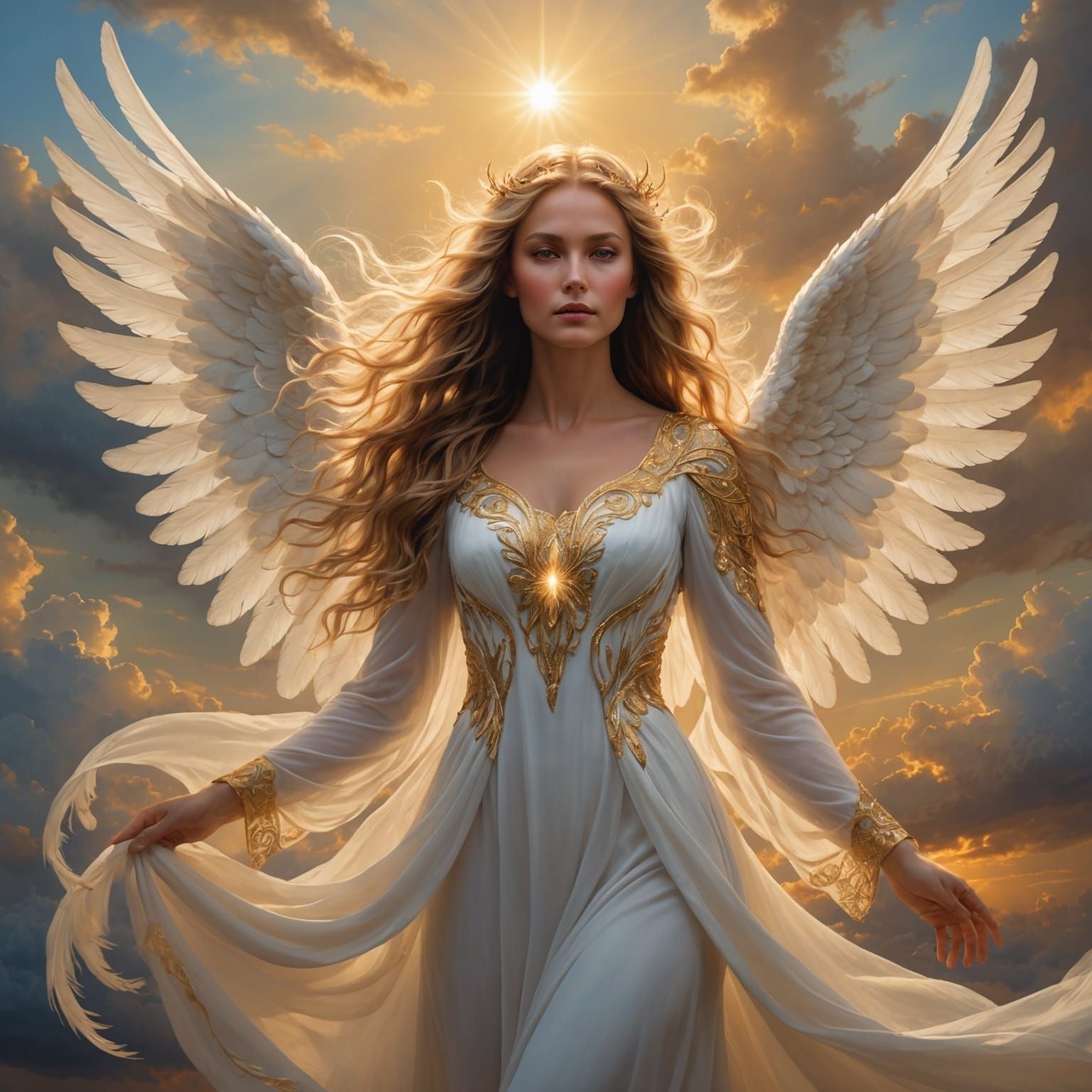 A radiant angel descending from the clouds