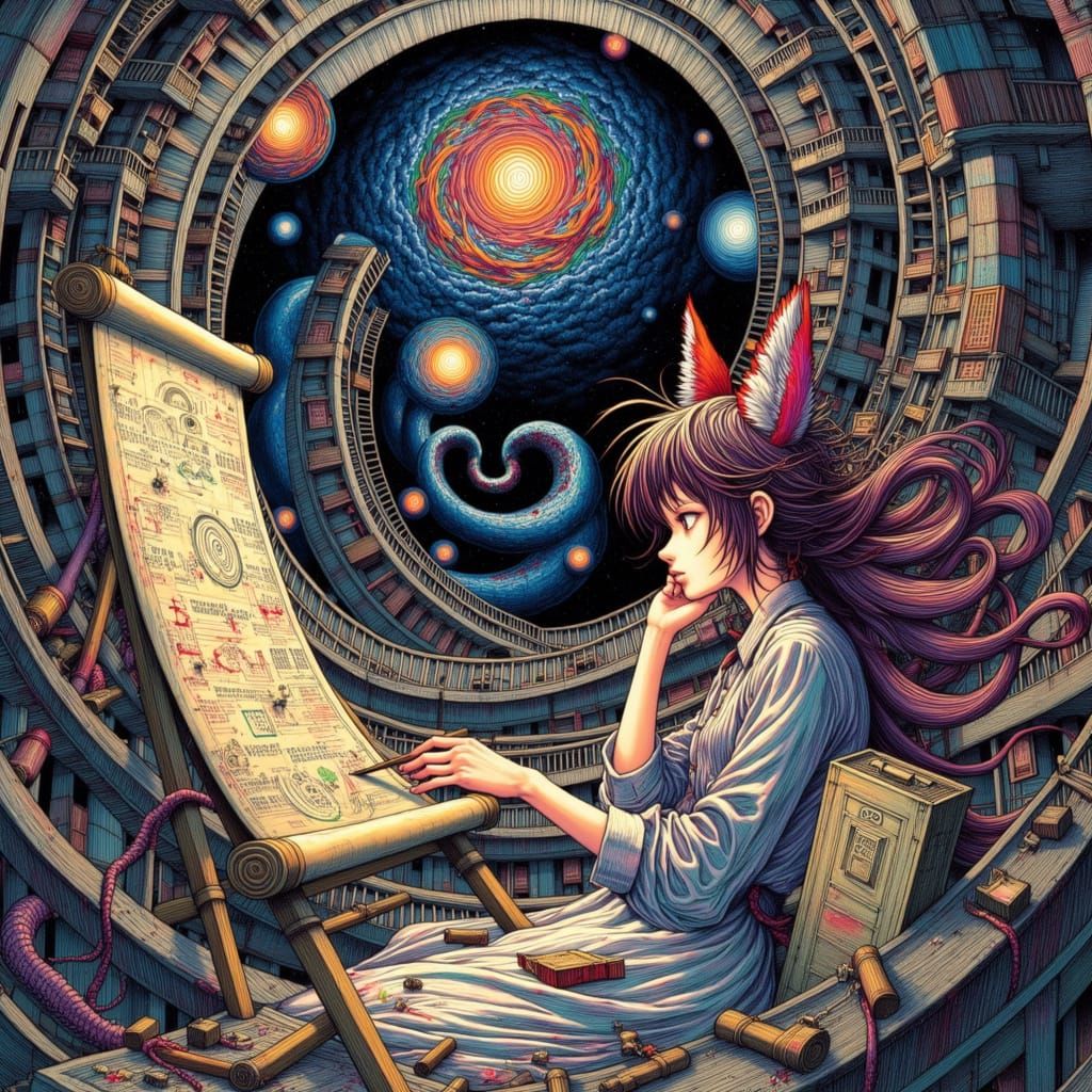 Kitsune Yokai Painting a Galaxy in Attic