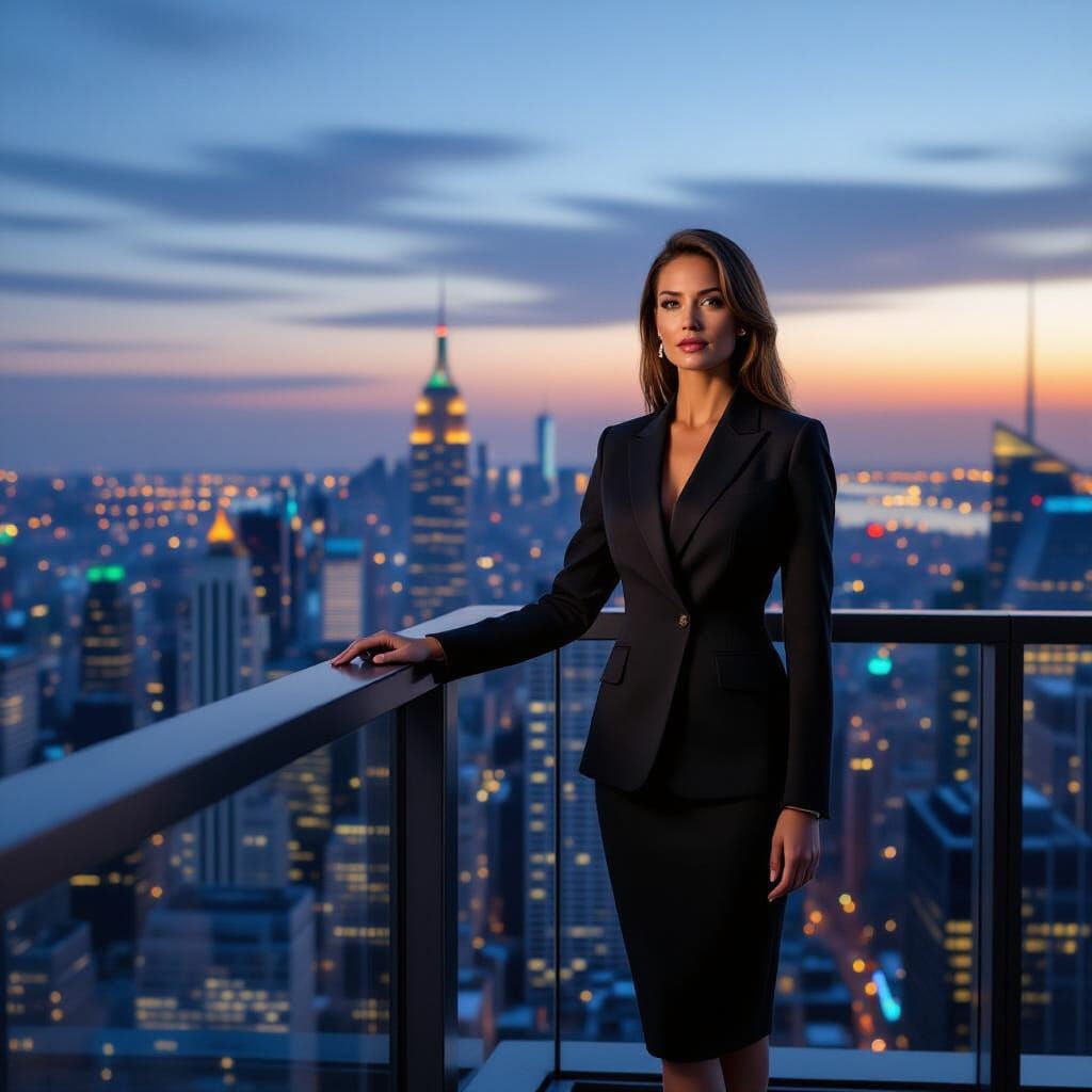 Powerful Businesswoman Overlooking Metropolis in Cinematic S...