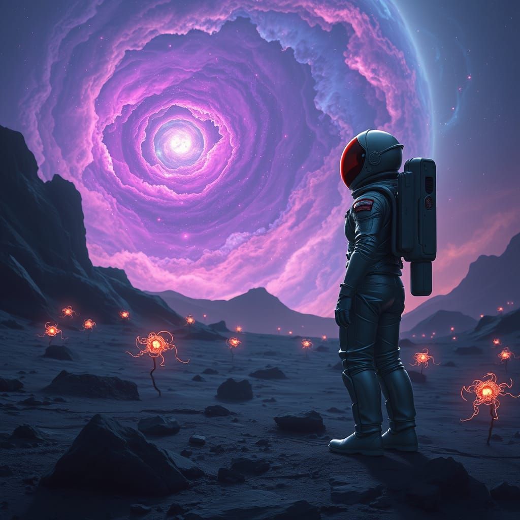 Astronaut on Alien Planet Gazing at Nebula