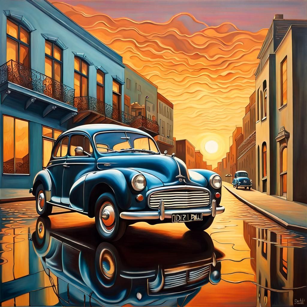 Morris Minor in Retro Art Deco Surrealism
