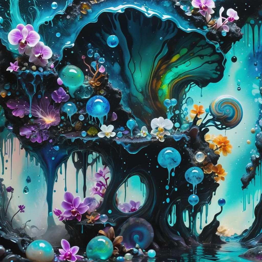 Bioluminescent Water Elementals in Iridescent Neon Ink Splat...