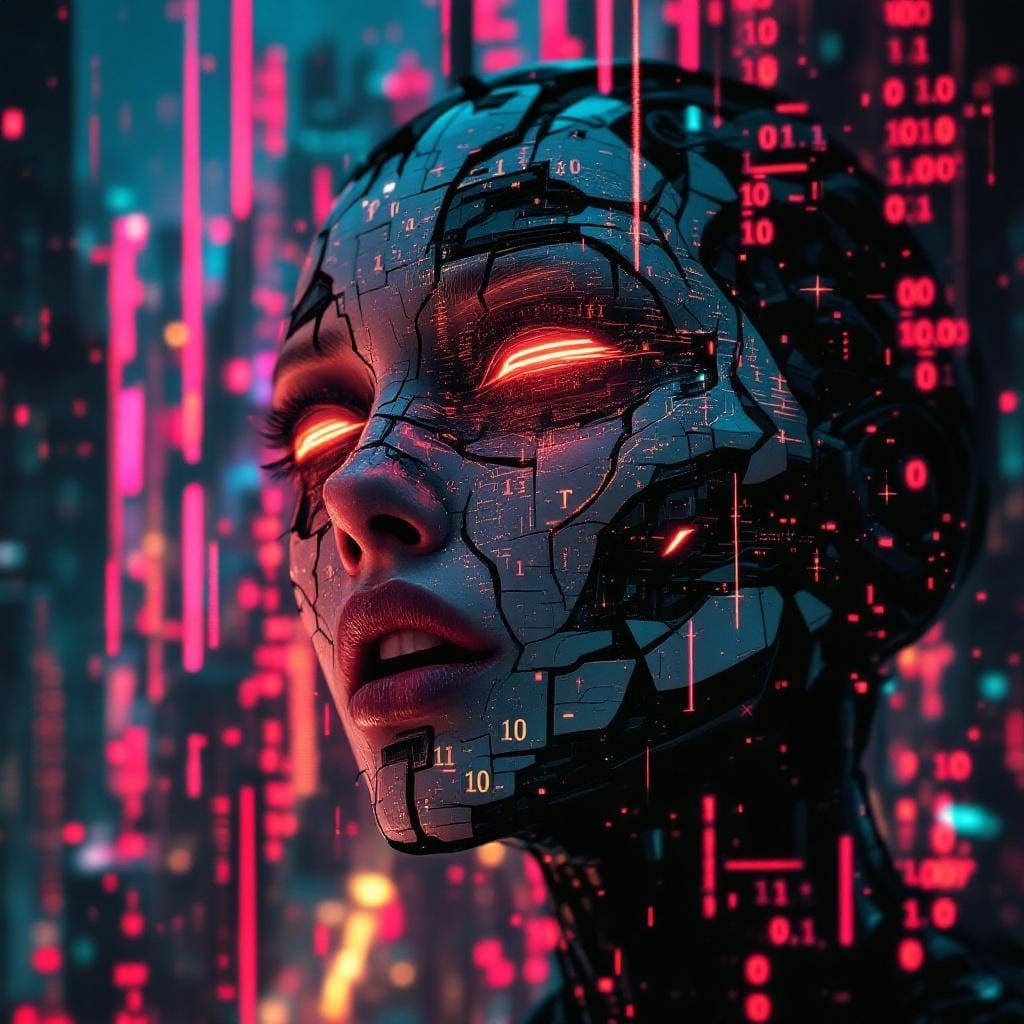 Glitched Cyborg Portrait in Cyberpunk Style