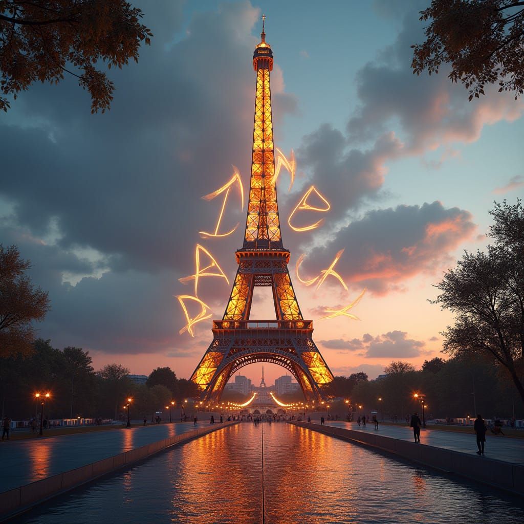 Eiffel Tower at Sunset with Majestic Golden Lettering
