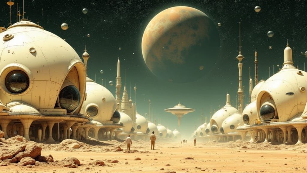 Alien Giant in Bulbous Sci-Fi Cityscape