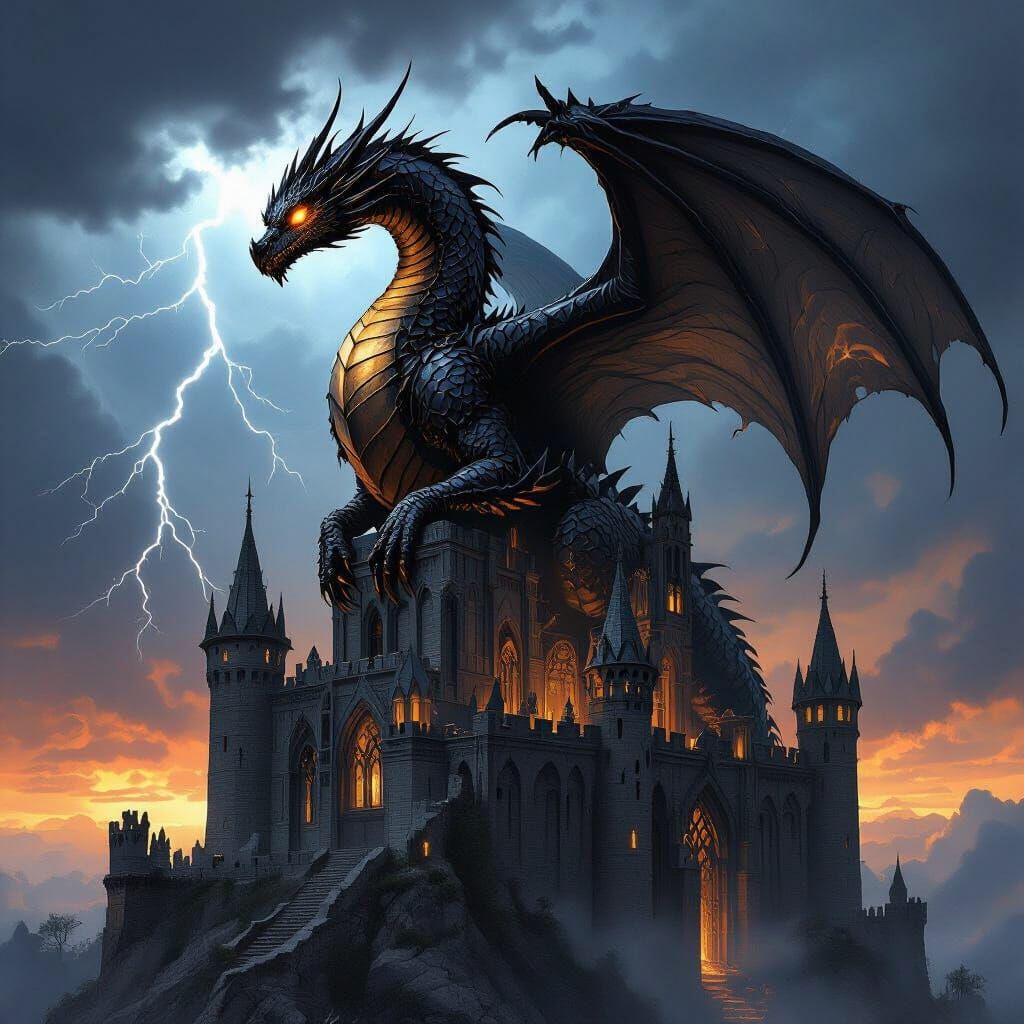 Ancient Dragon on Gothic Castle in Stormy Sky