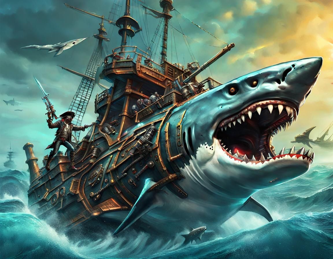 Mecha Shark Pirate Ship About to Devour Boat