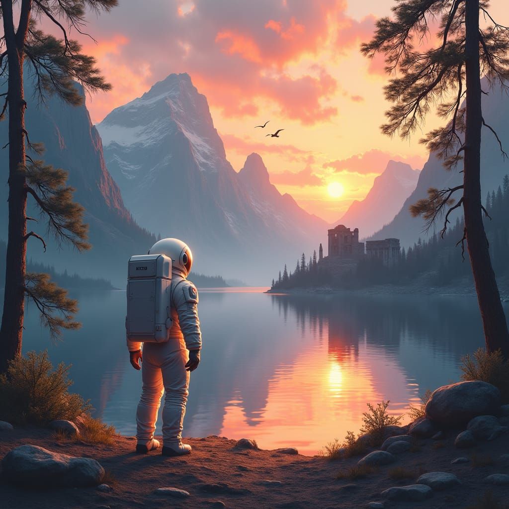 Astronaut Contemplates Mountain Sunset, Dreamlike Ambiance