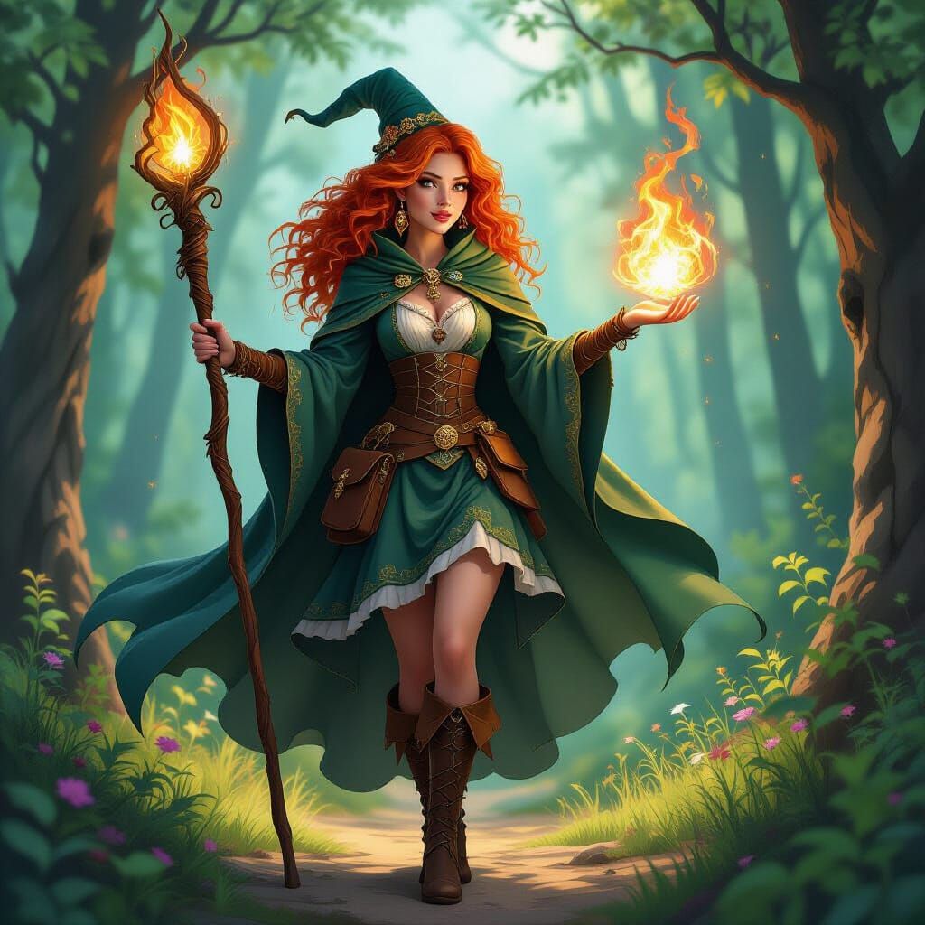 Felt Sorceress Performs Nature Magic in Colorful Forest