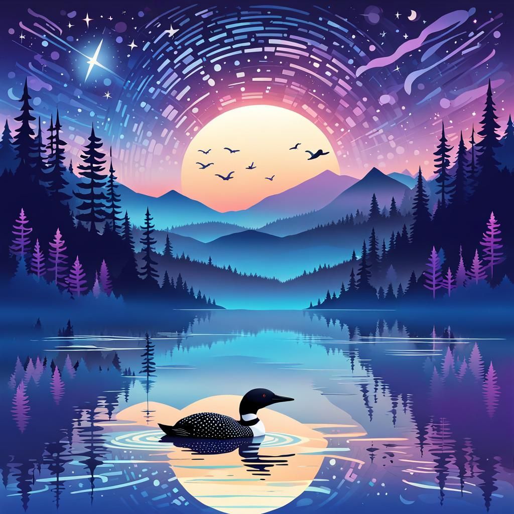 Loon on Misty Lake: Whimsical Vector Illustration