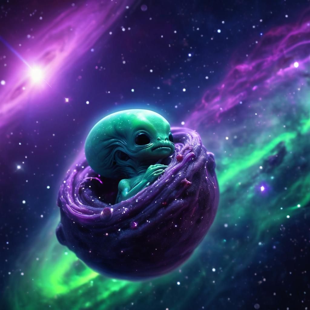 Alien Fetus in Space with Northern Lights