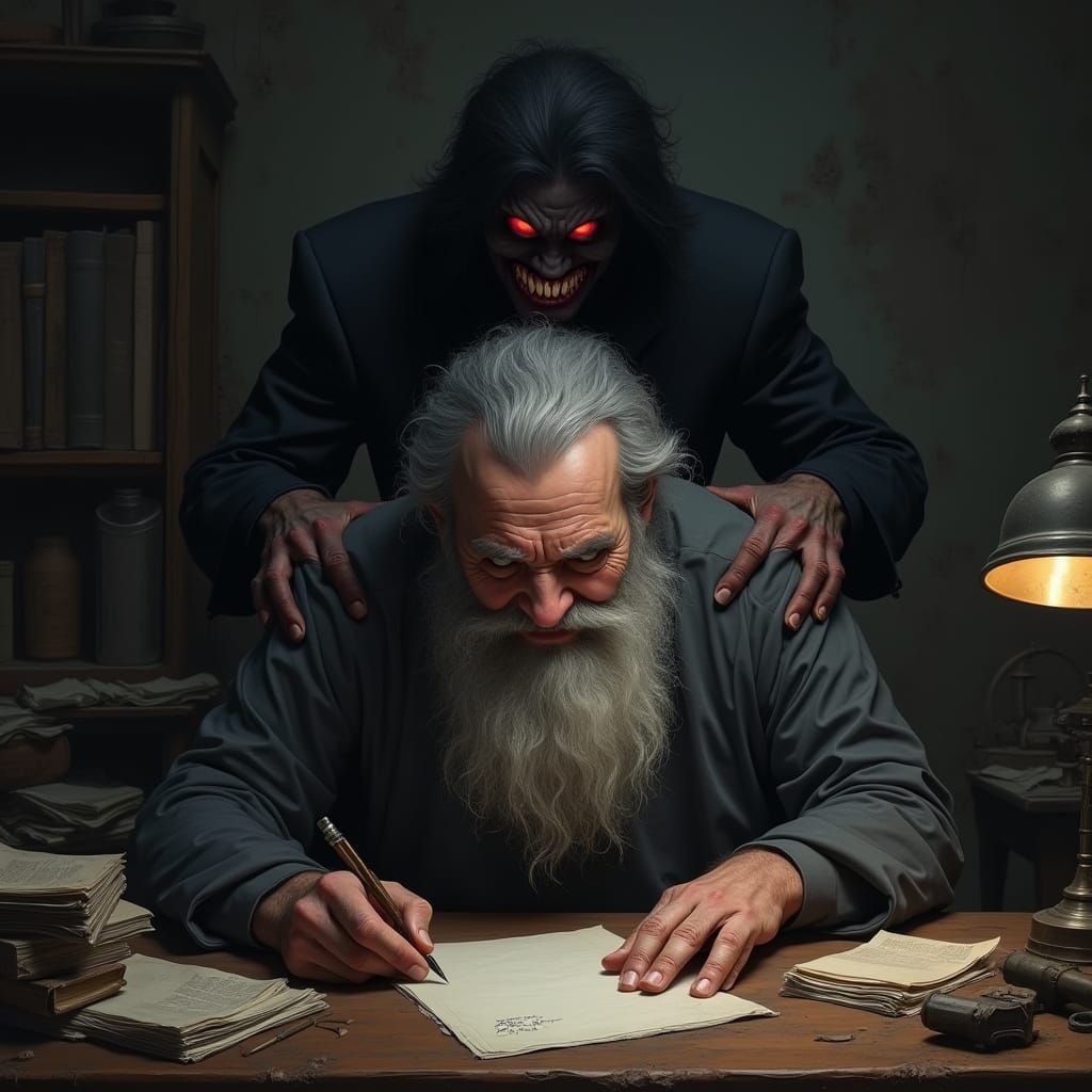 Elderly Gentleman Writes Letter as Dark Figure Looms Behind