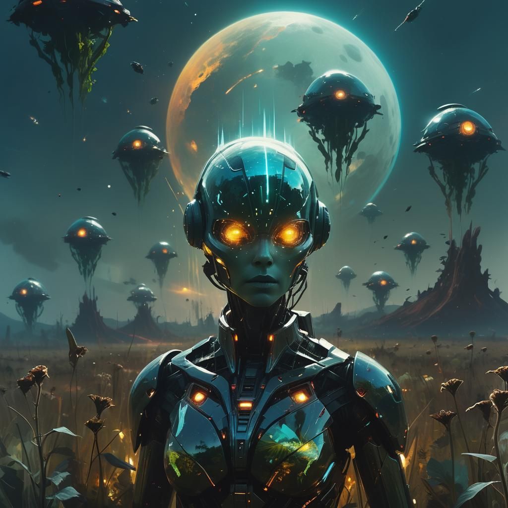 Space Battle Over Bioluminescent Plant Life