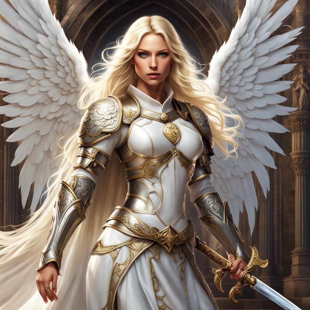 Renaissance City Angel with Sword and White Wings