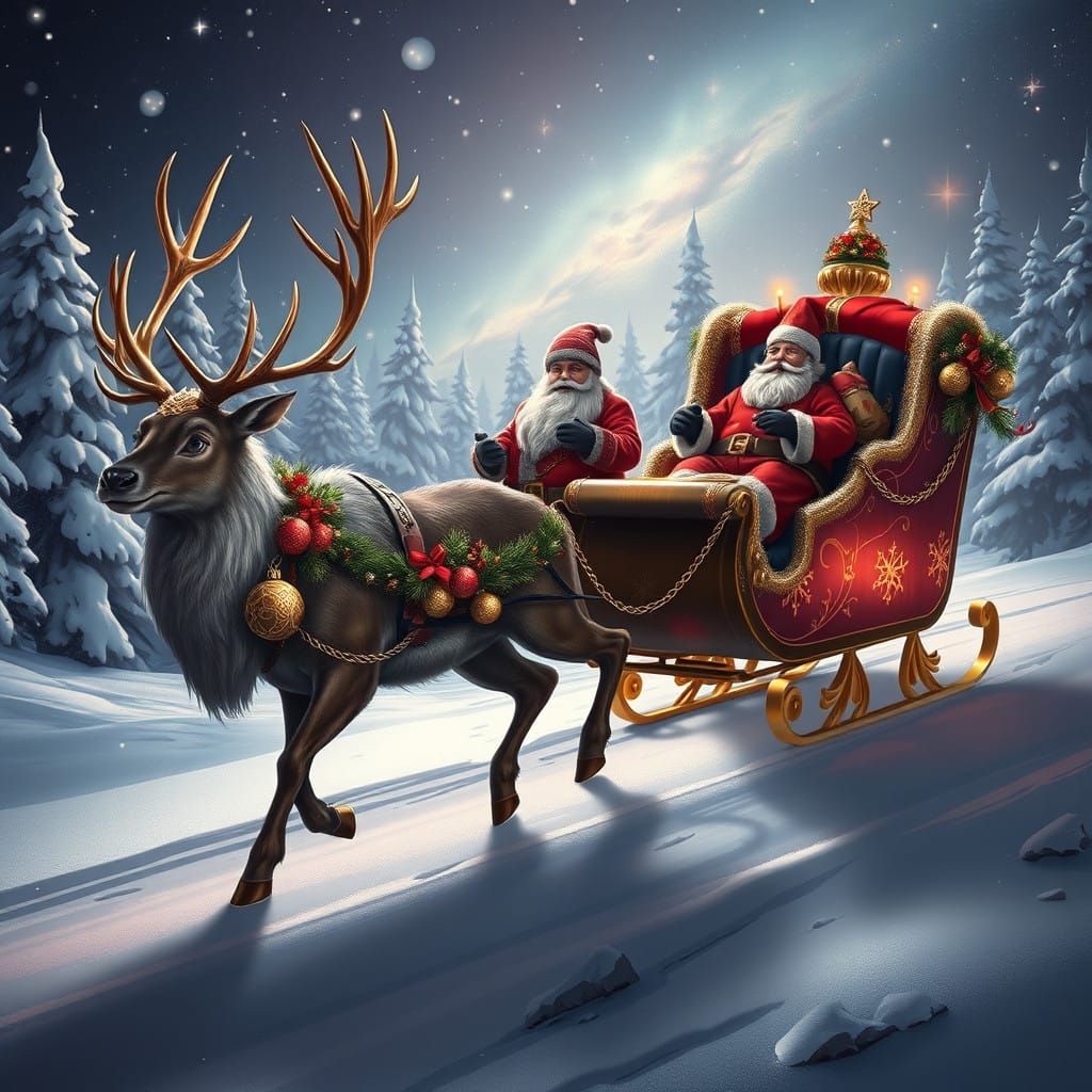Majestic Reindeer Pulls Golden Sleigh Through Snowy Winter W...