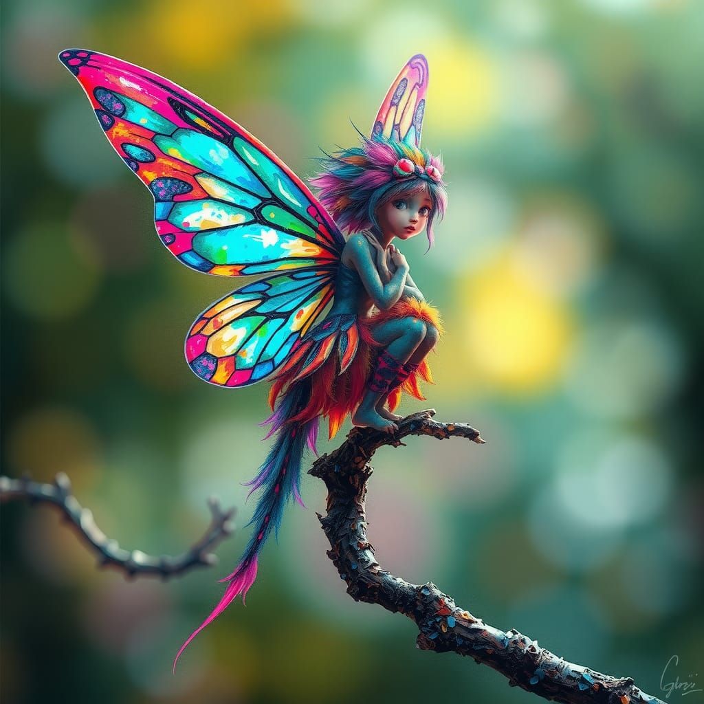Iridescent Fairy on Branch in Street Art Style
