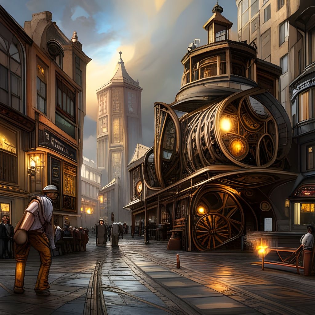 Steampunk Engine in Cityscape