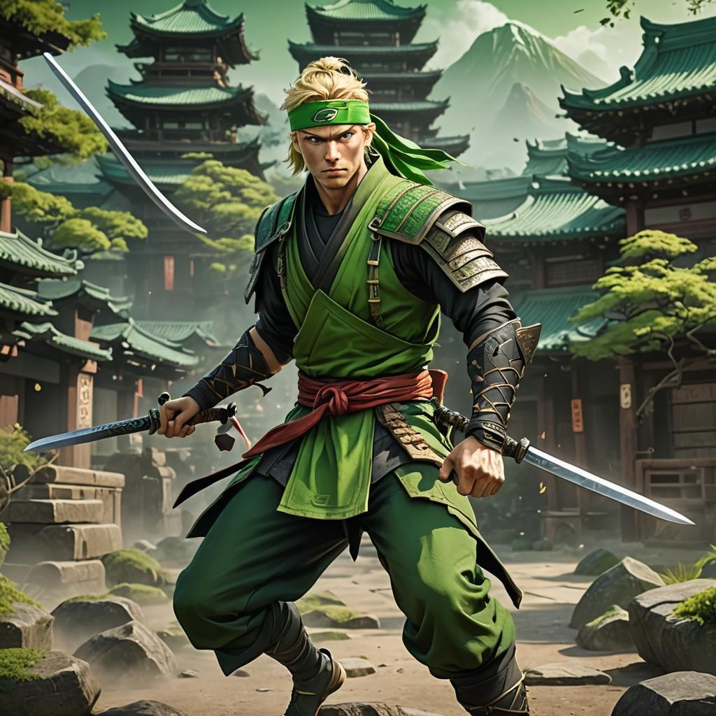 Green Ninja in Ancient Japanese Dojo, Digital Art