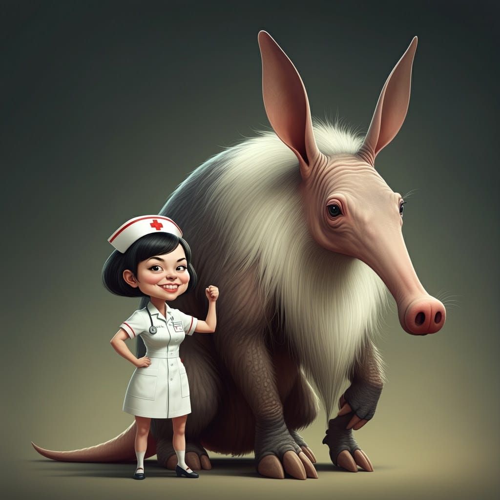 Cartoon Nurse Triumphantly Leads Comical Aardvark-Beast