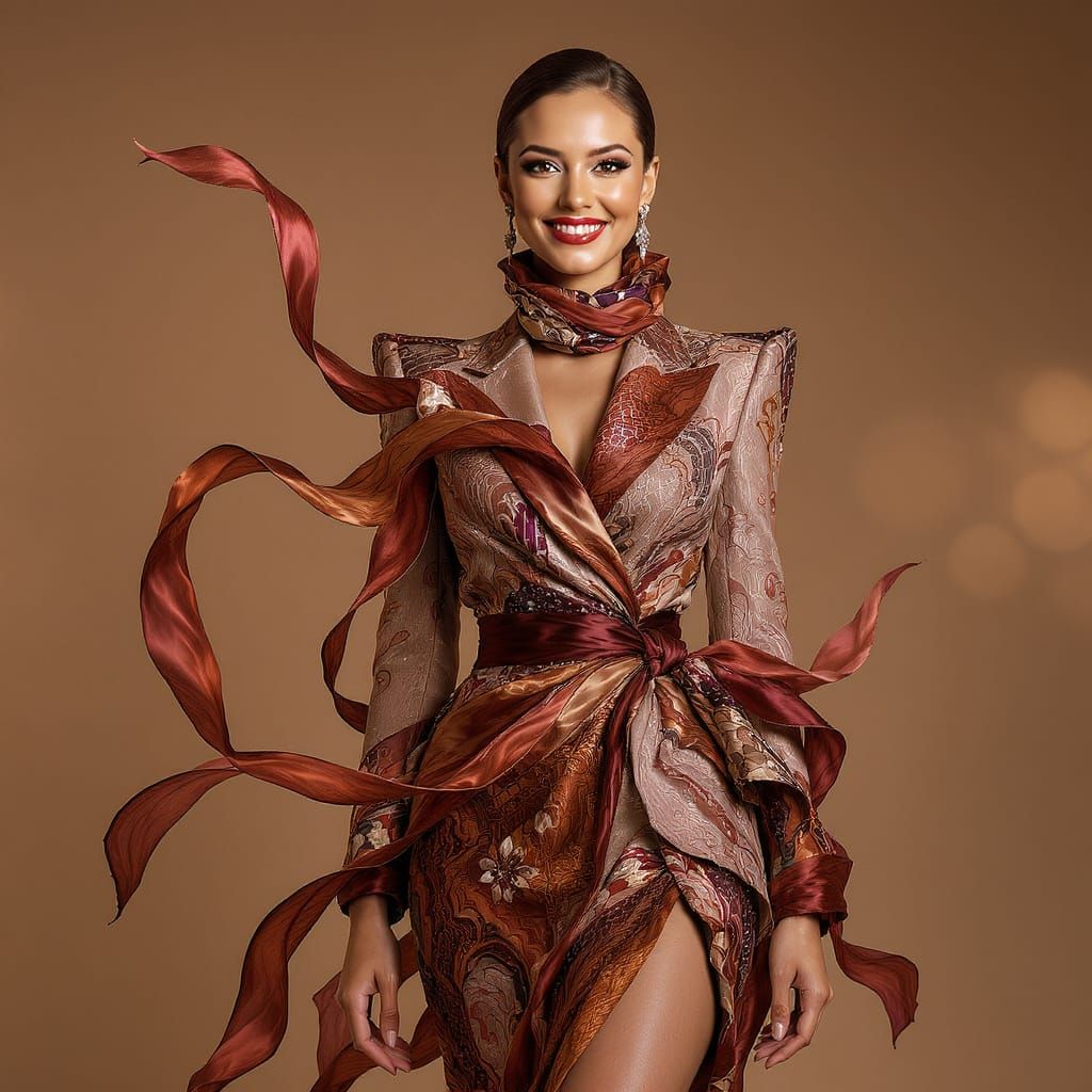 Elegant Woman in Flowing Silk Ties Skirtsuit