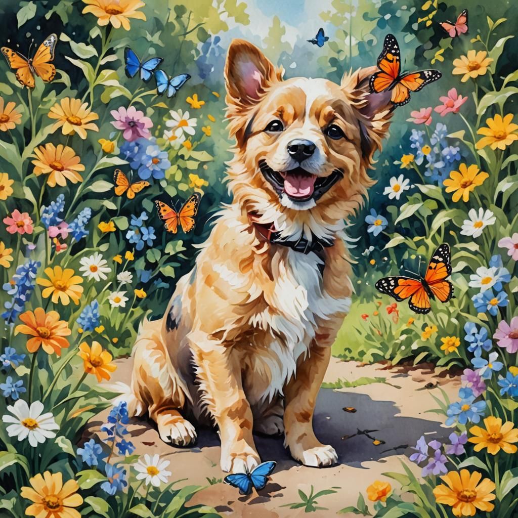 Puppy and Butterfly Garden in Gouache Style