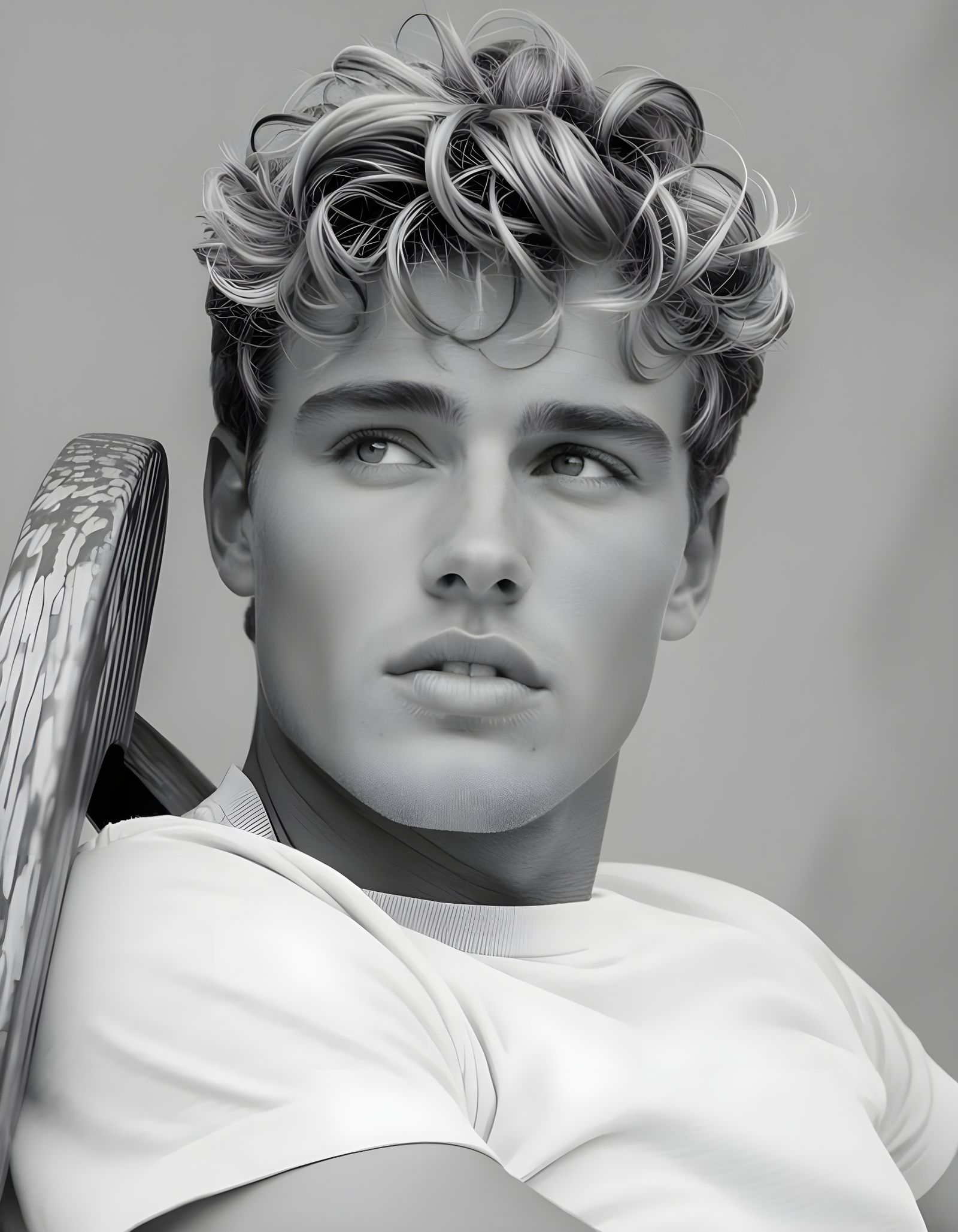 Contemplative Young Man in Nostalgic Black and White Portrai...