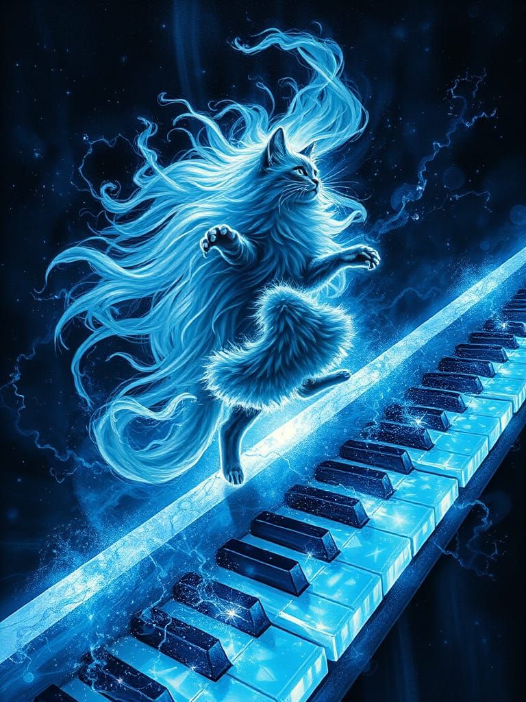 Chibi Kitty Cat and Woman Dance on Sapphire Piano Keys