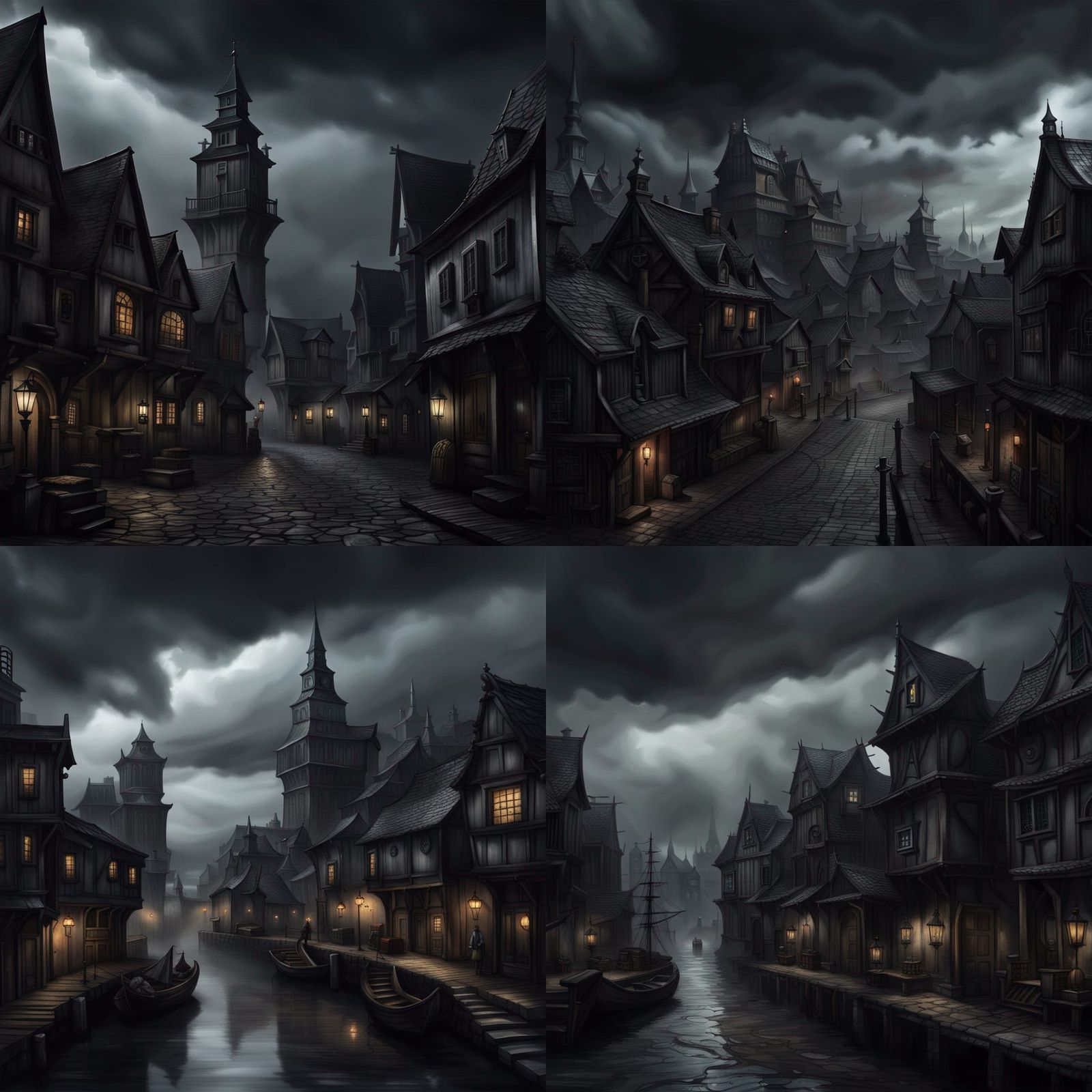 Dark Fantasy Port Town Under Cloudy Sky