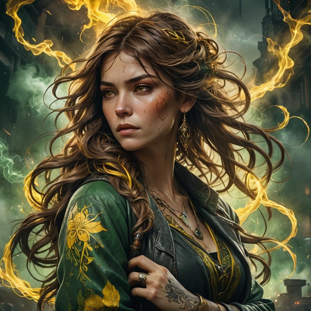 Woman with Thunder Tattoo in Art Nouveau Style