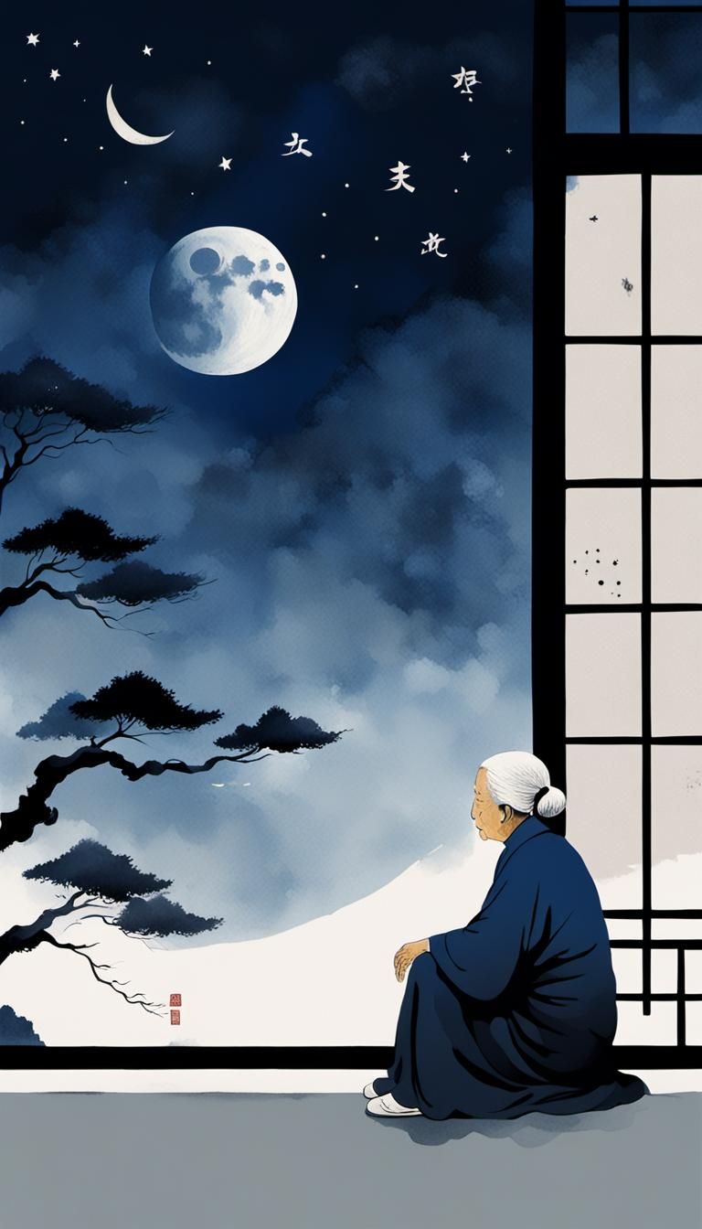 Minimalist Chinese Ink Painting of Old Woman