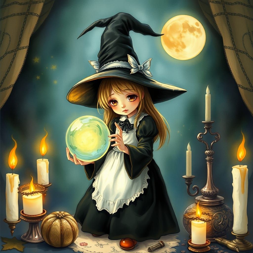 Whimsical Witch Levitates Crystal Orb in Fantastical Landsca...