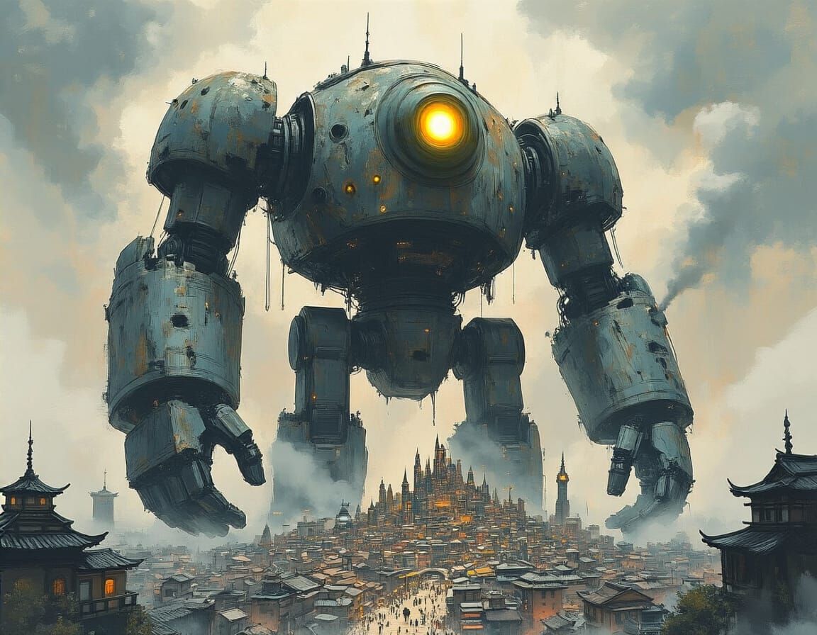 Ancient Robot Guardian Over Miniature City, Ink Wash Style