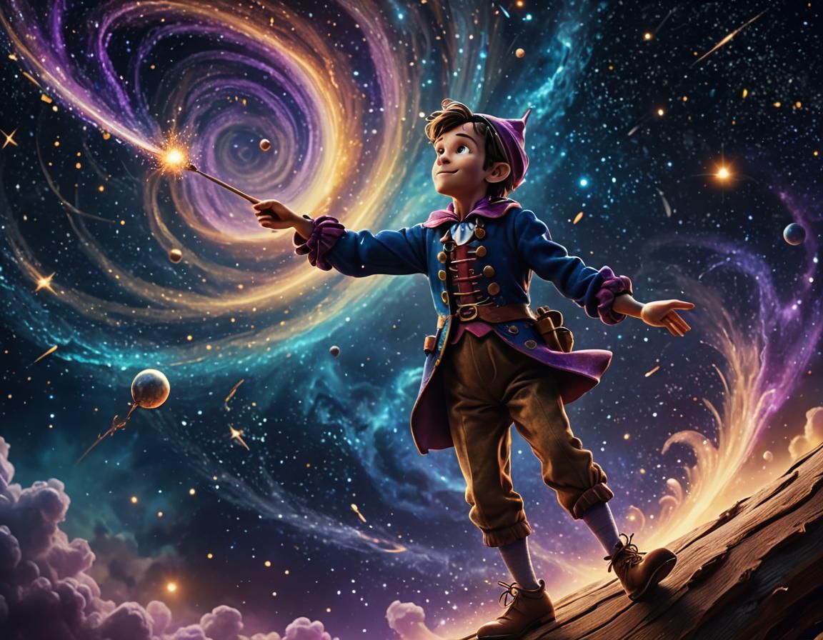 Celestial Pinocchio in Space: Vibrant Cosmic Art