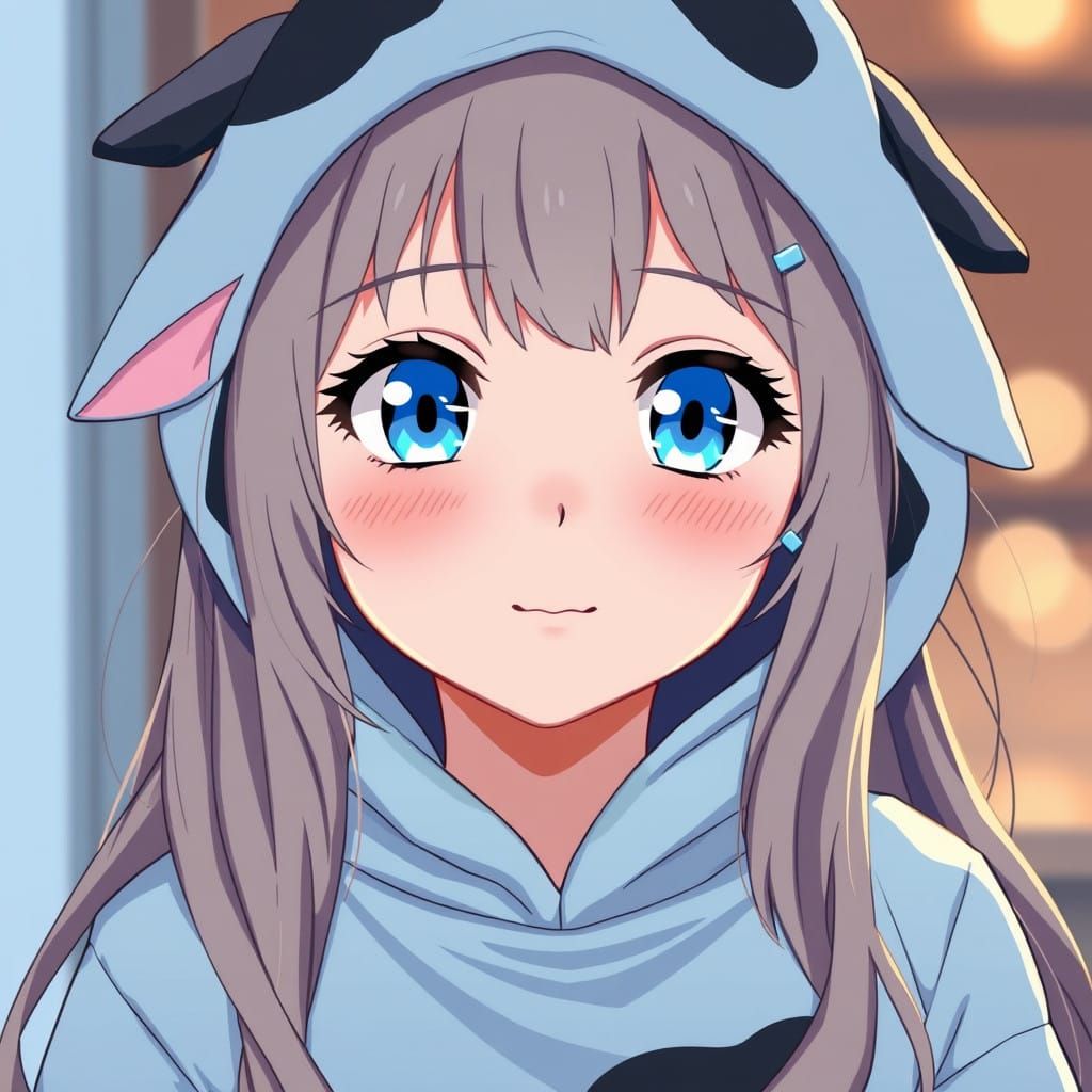 Teenage Girl in Light Blue Cow Onesie with Long Hair and Fre...