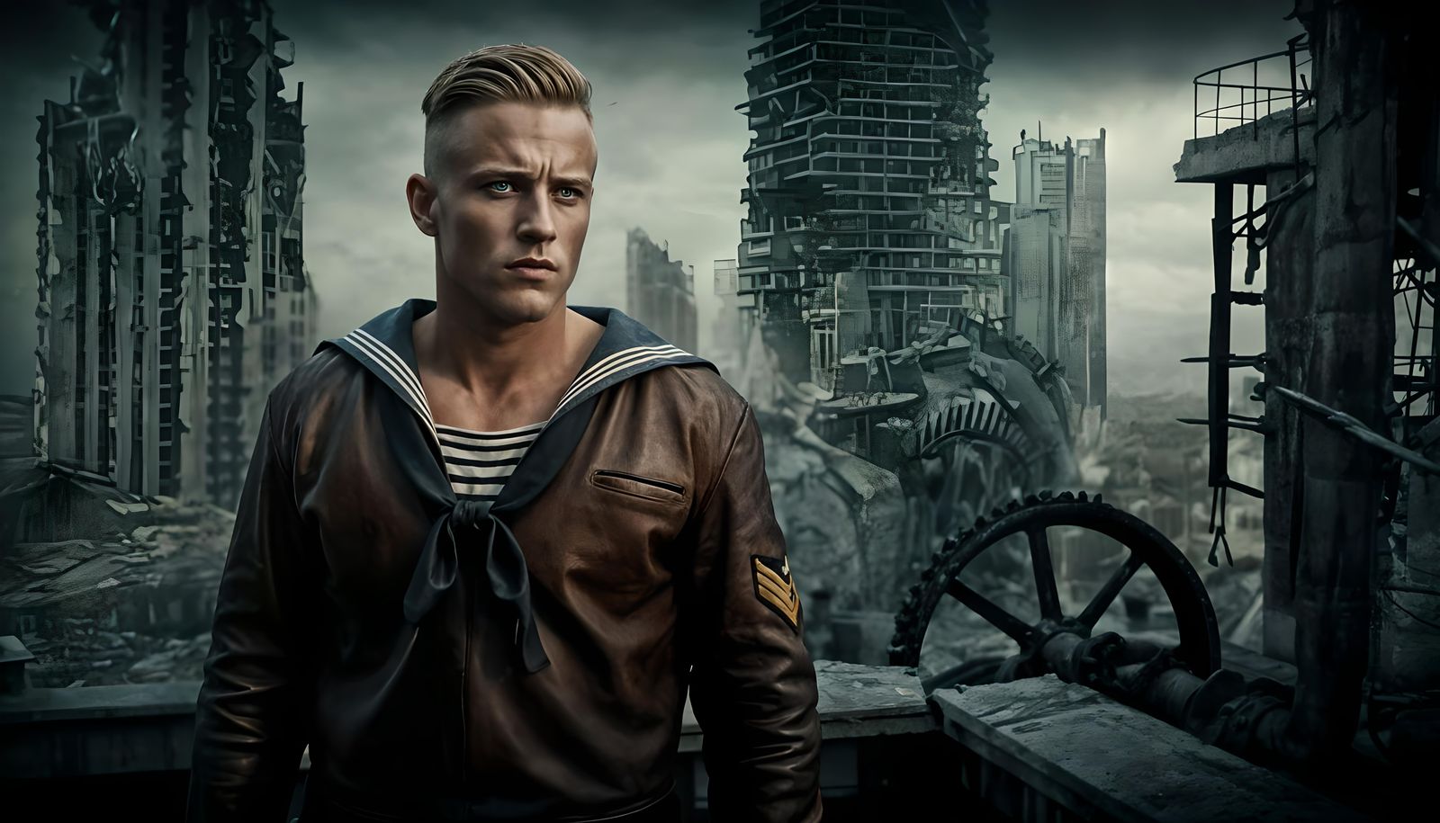 WWI Sailor in Apocalyptic Steampunk Cityscape