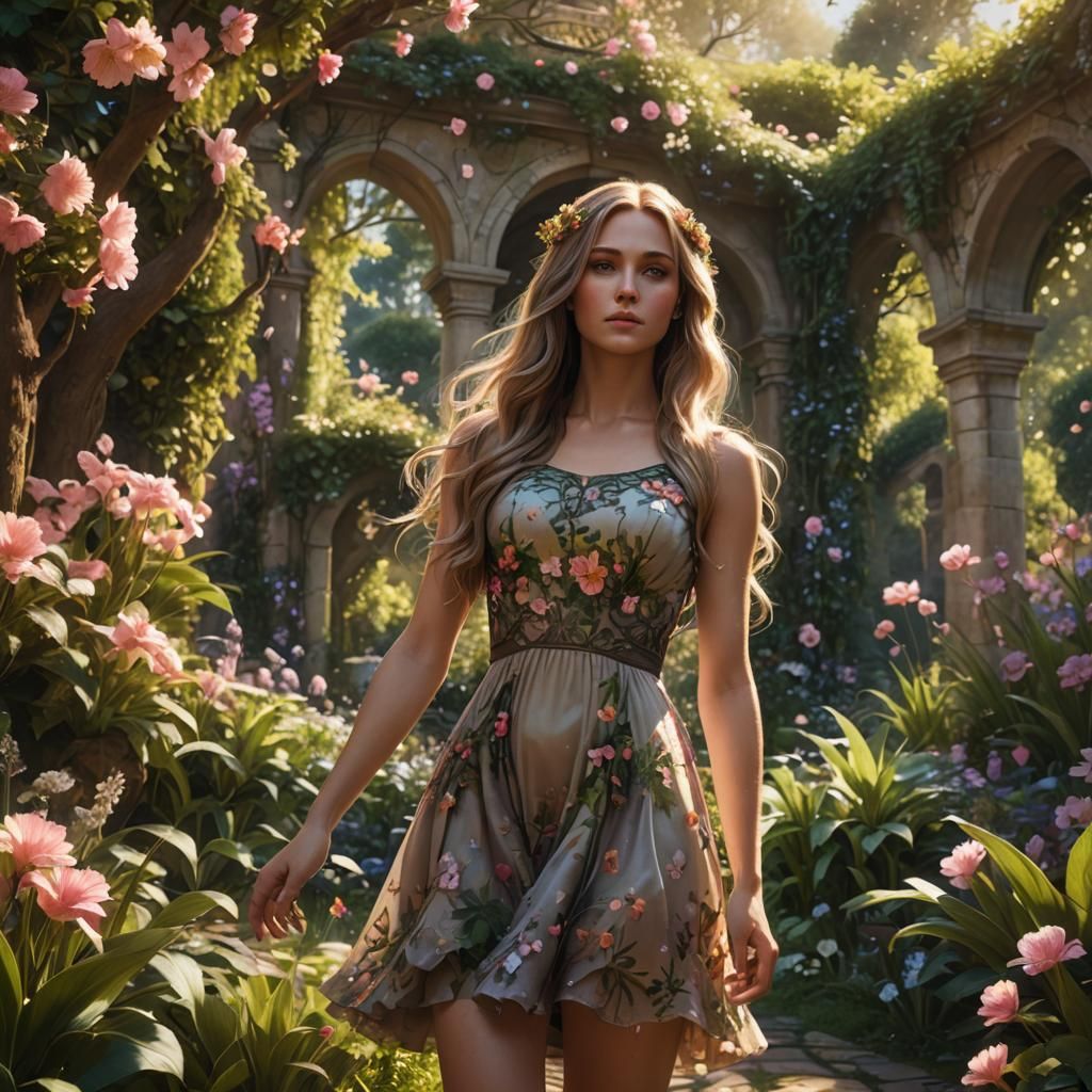 Girl in Lush Garden: Fantasy Concept Art