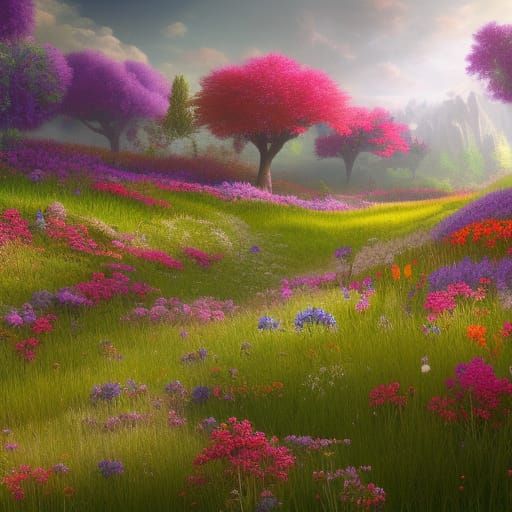 Fantastical Flower Meadow in Detailed Matte Painting