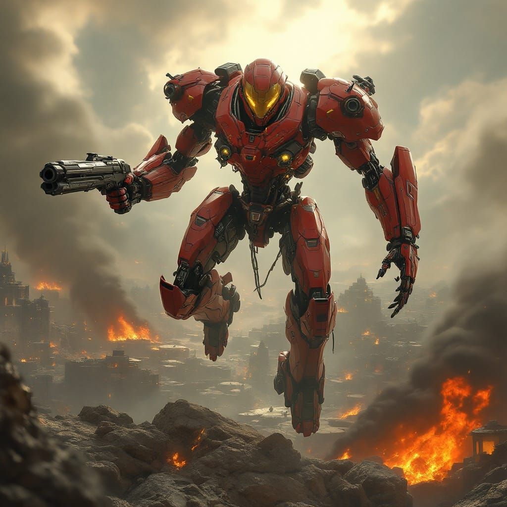 Cyberpunk Battle-Mech Soars Over Burning Cityscape