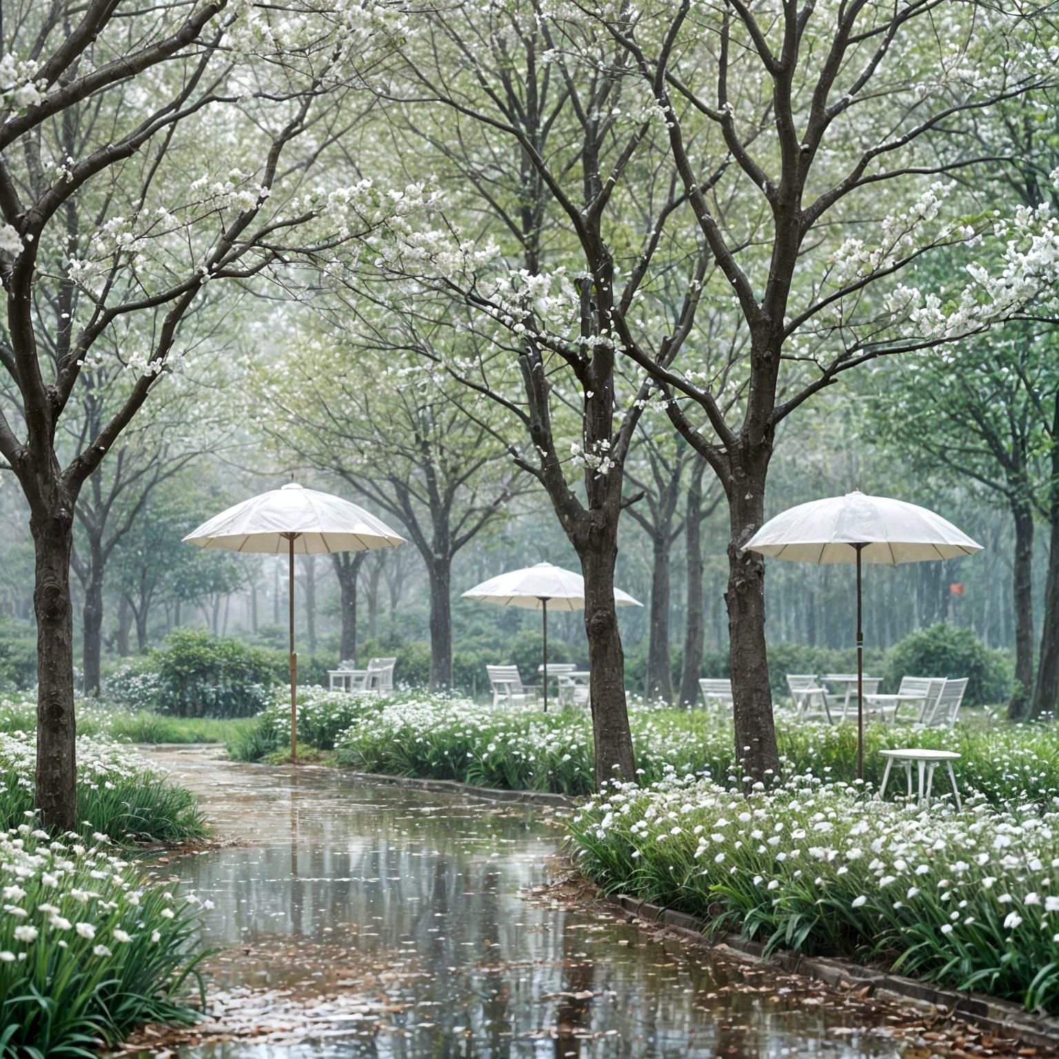 Rainy Park Scene with Blossoms and Umbrellas