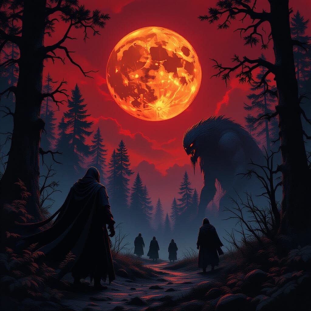 Dark Fantasy Landscape with Blood Moon and Amorphous Beasts