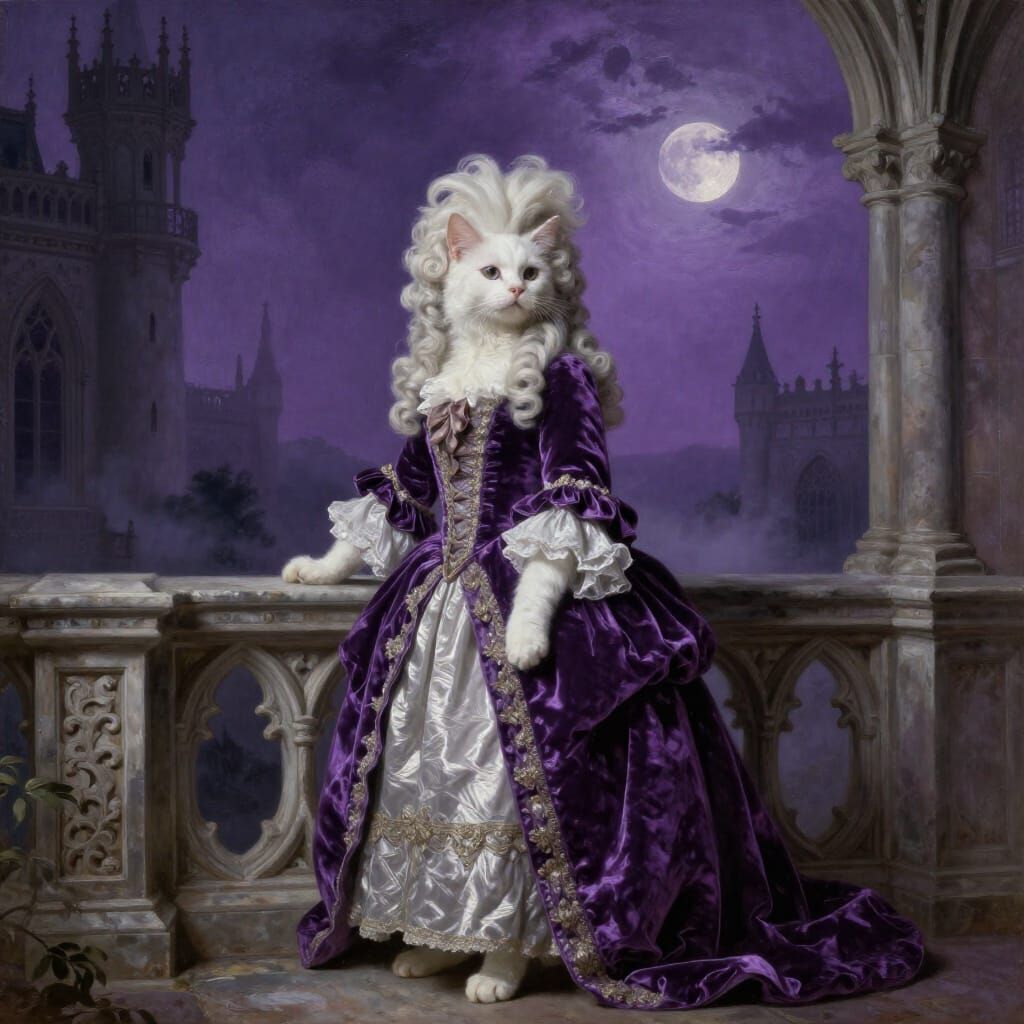 Baroque Cat in Velvet Gown on Castle Balcony