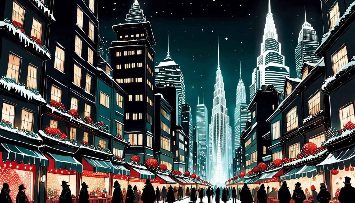Christmas Cityscape in Classic Illustration Style