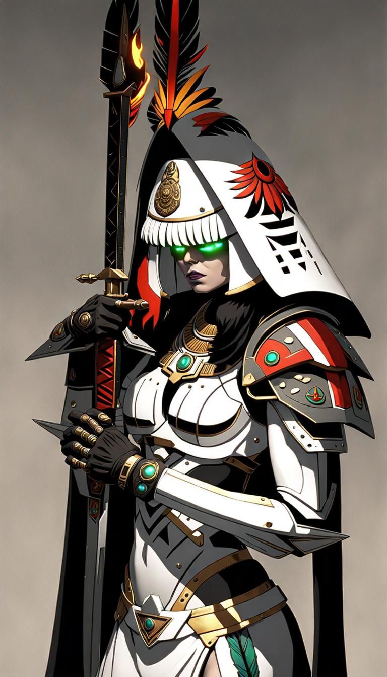 Aztec Warrior Woman with Flaming Sword in Cyberpunk Style