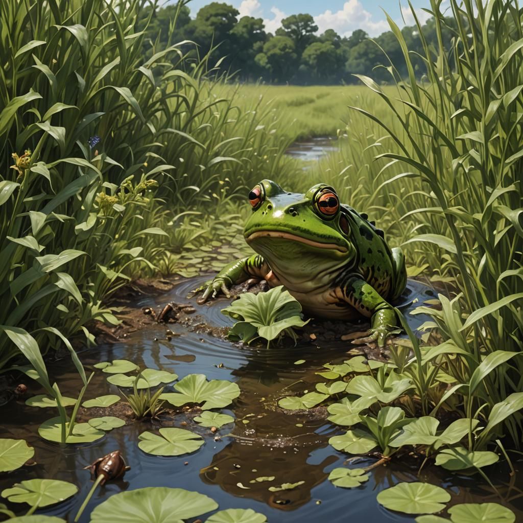 Hyperrealistic Frog Invasion: A Splash Art Concept