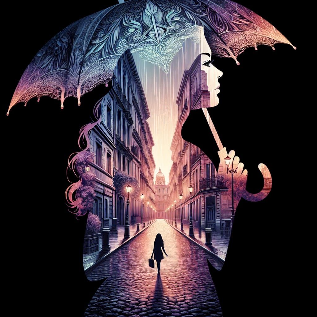 Melancholic Woman with Umbrella in Double Exposure