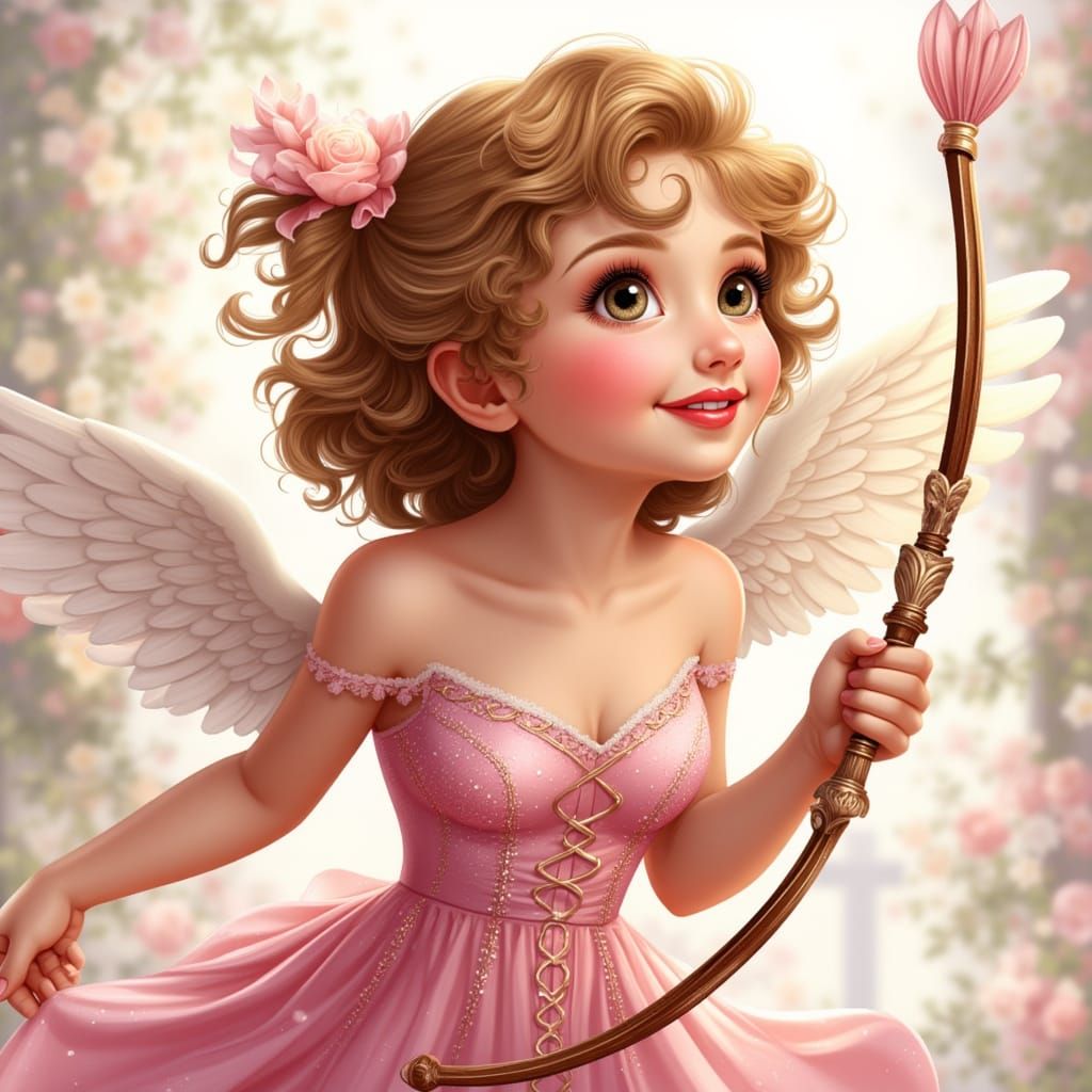 Cute Female Cupid in Sparkly Dress with Decorated Bow