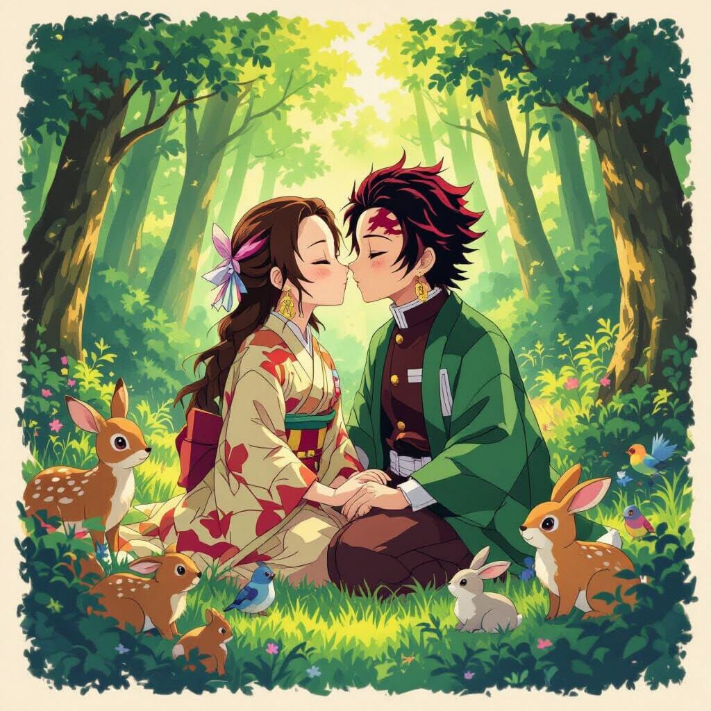 Demon Slayer Couple Kissing in Enchanted Forest with Animals
