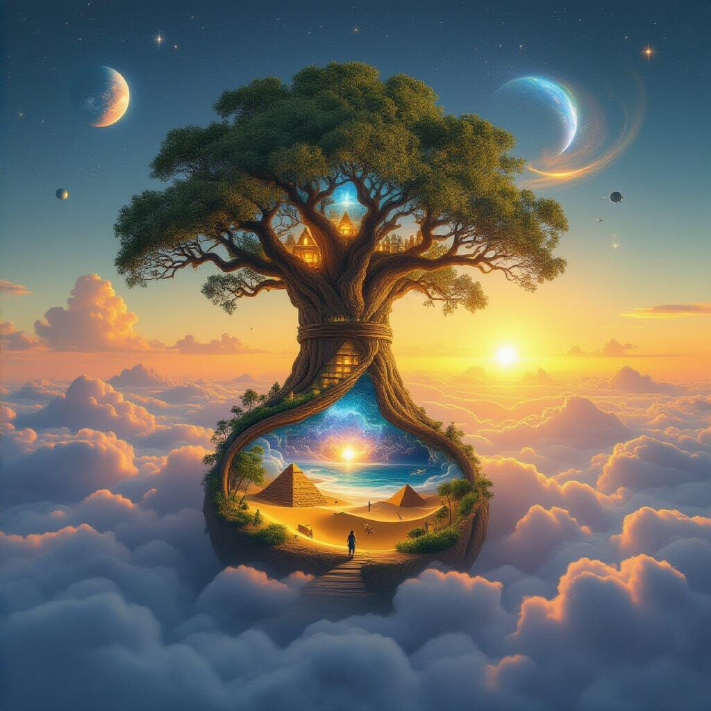 Colossal Tree with Crystal Roots and Miniature Worlds