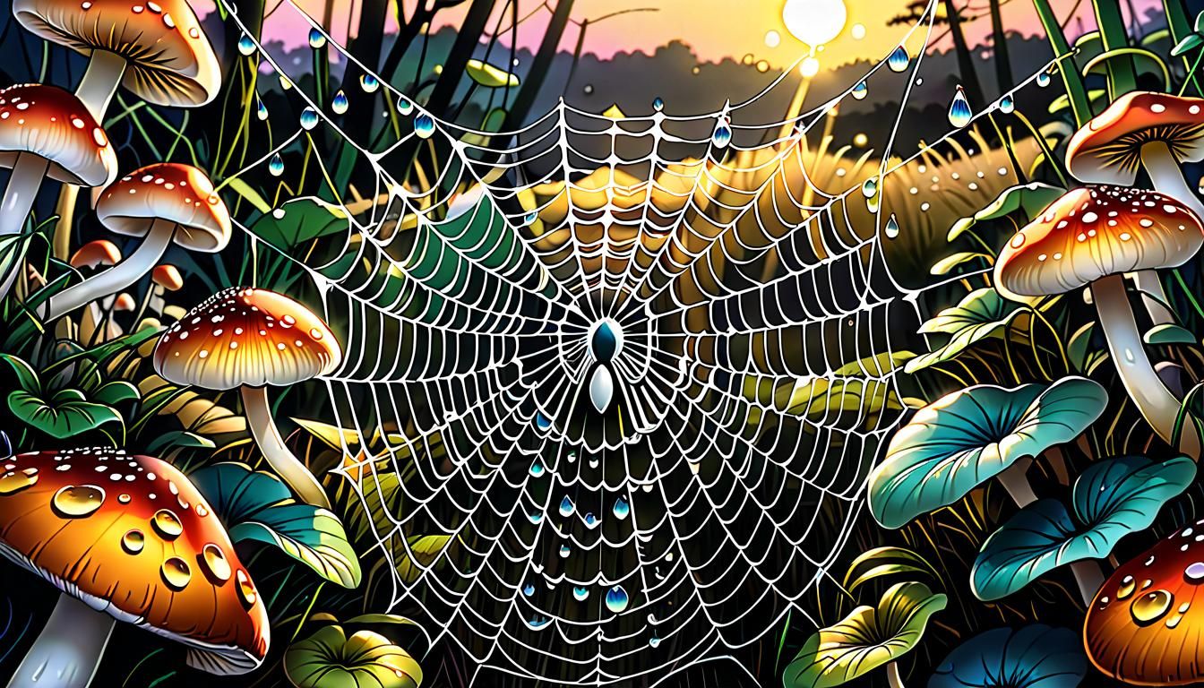 Dew-Kissed Spiderweb Among Giant Mushrooms in Anime Style
